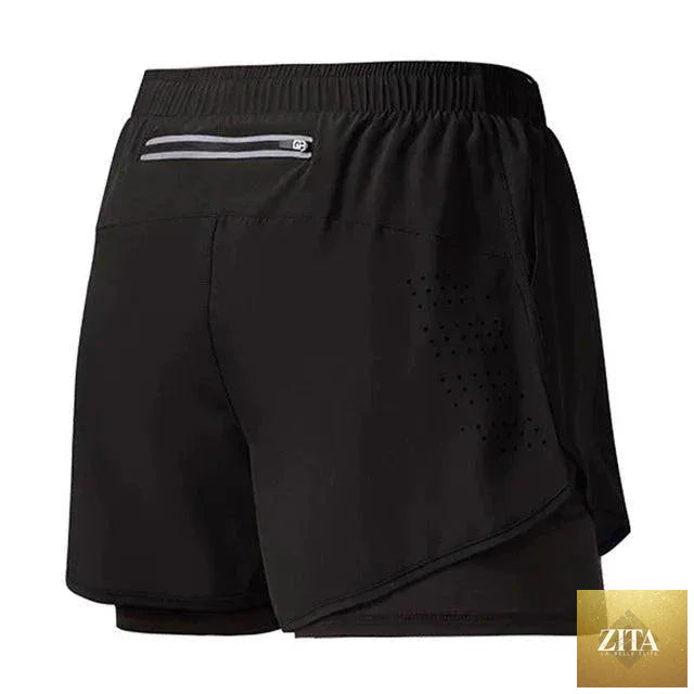 Men's black quick-drying running shorts by MANDOTOS with double-layer design, ideal for fitness, workout, and bodybuilding training.