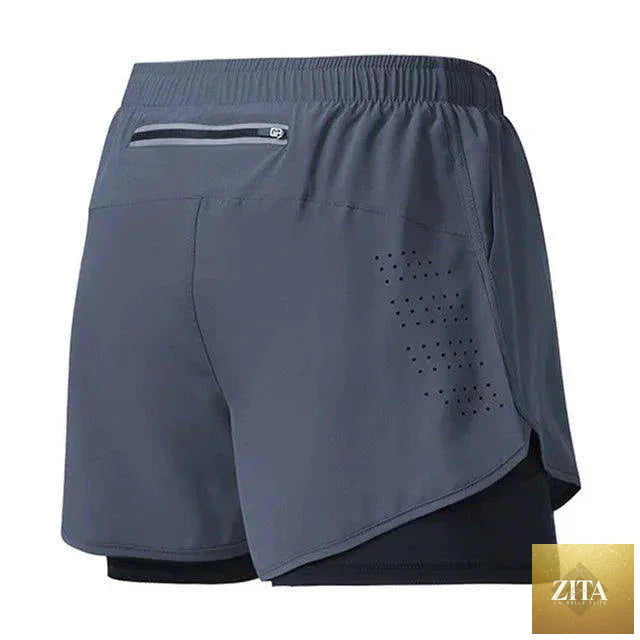 Men's black quick-drying running shorts by MANDOTOS with double-layer design, ideal for fitness, workout, and bodybuilding training.