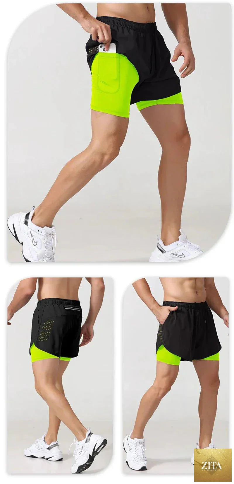 Men's black quick-drying running shorts by MANDOTOS with double-layer design, ideal for fitness, sport, and workout training.