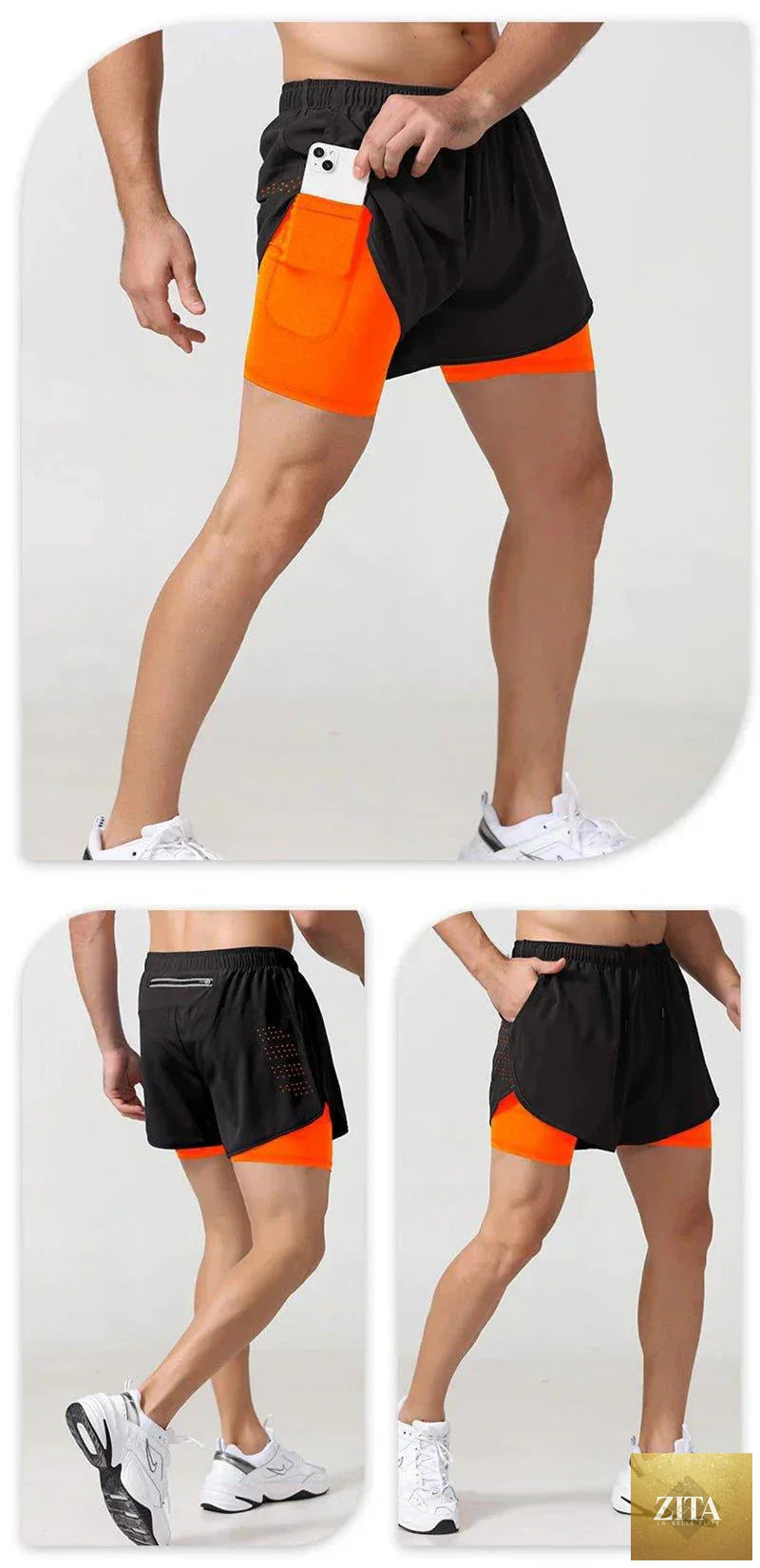 Men's black quick-drying running shorts with double-layer design, from MANDOTOS, ideal for fitness, workout, and bodybuilding activities.