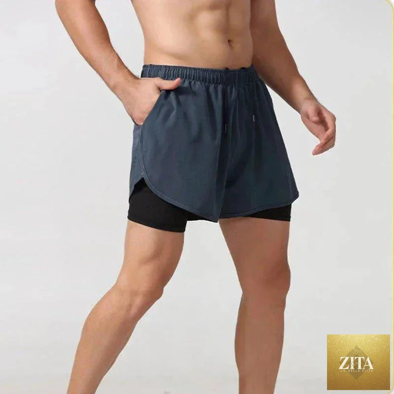 Men's black quick-drying running shorts by MANDOTOS, double-layer design ideal for fitness, workout, and bodybuilding training.