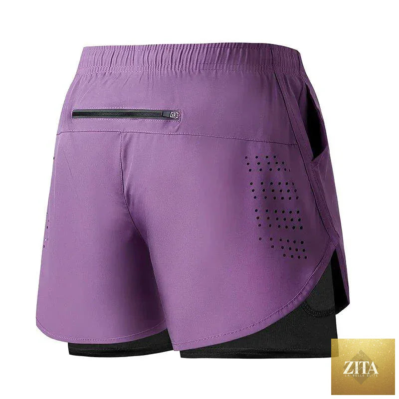 Men's black quick-drying fitness running shorts by MANDOTOS with double-layer design, ideal for sport, workout, and bodybuilding activities.