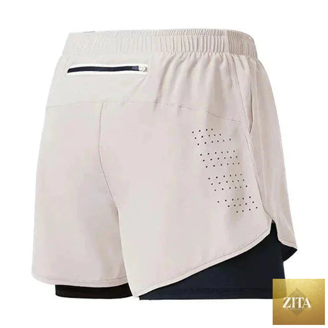 Men's MANDOTOS running shorts in black, quick-drying, double-layer design, ideal for fitness, workout, and bodybuilding activities.