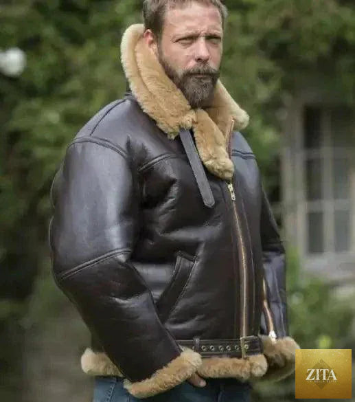 Men's stylish winter leather jacket with fur lining, featuring a classic design and premium craftsmanship by MANDOTOS.