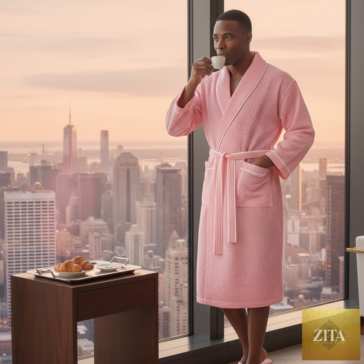 Men's premium waffle piping robe by Lotus Linen featuring a soft, textured fabric and a comfortable fit.