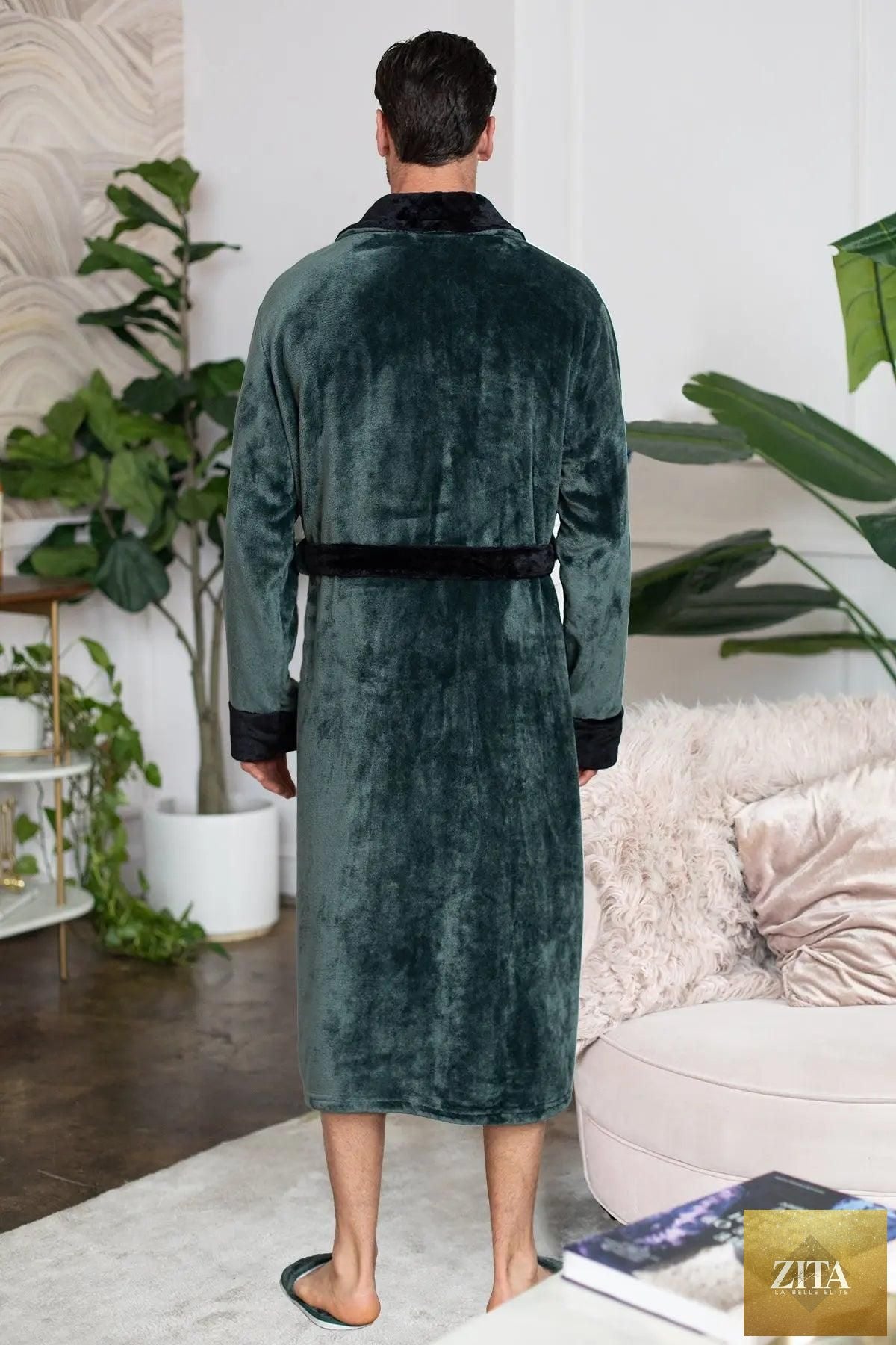Men's plush robe from Lotus Linen featuring a cozy, soft shawl collar and plush fabric for ultimate comfort.