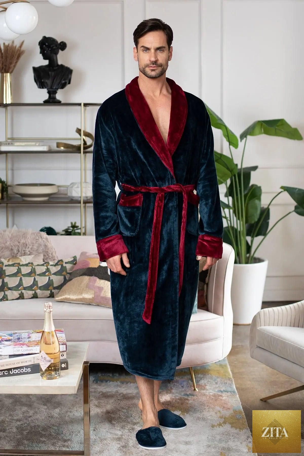 Soft men's plush robe from Lotus Linen featuring a cozy shawl collar and relaxed fit, perfect for lounging and warmth.