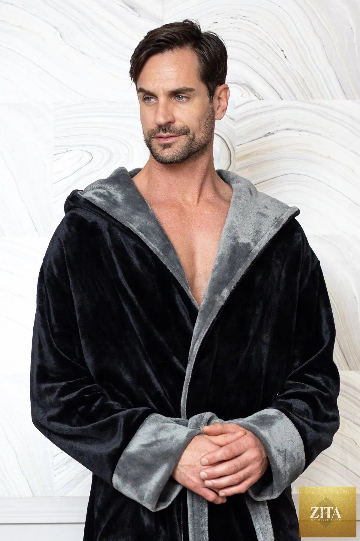 Men’s hooded robe from Lotus Linen featuring ultra-soft plush fabric, perfect for cozy everyday comfort.