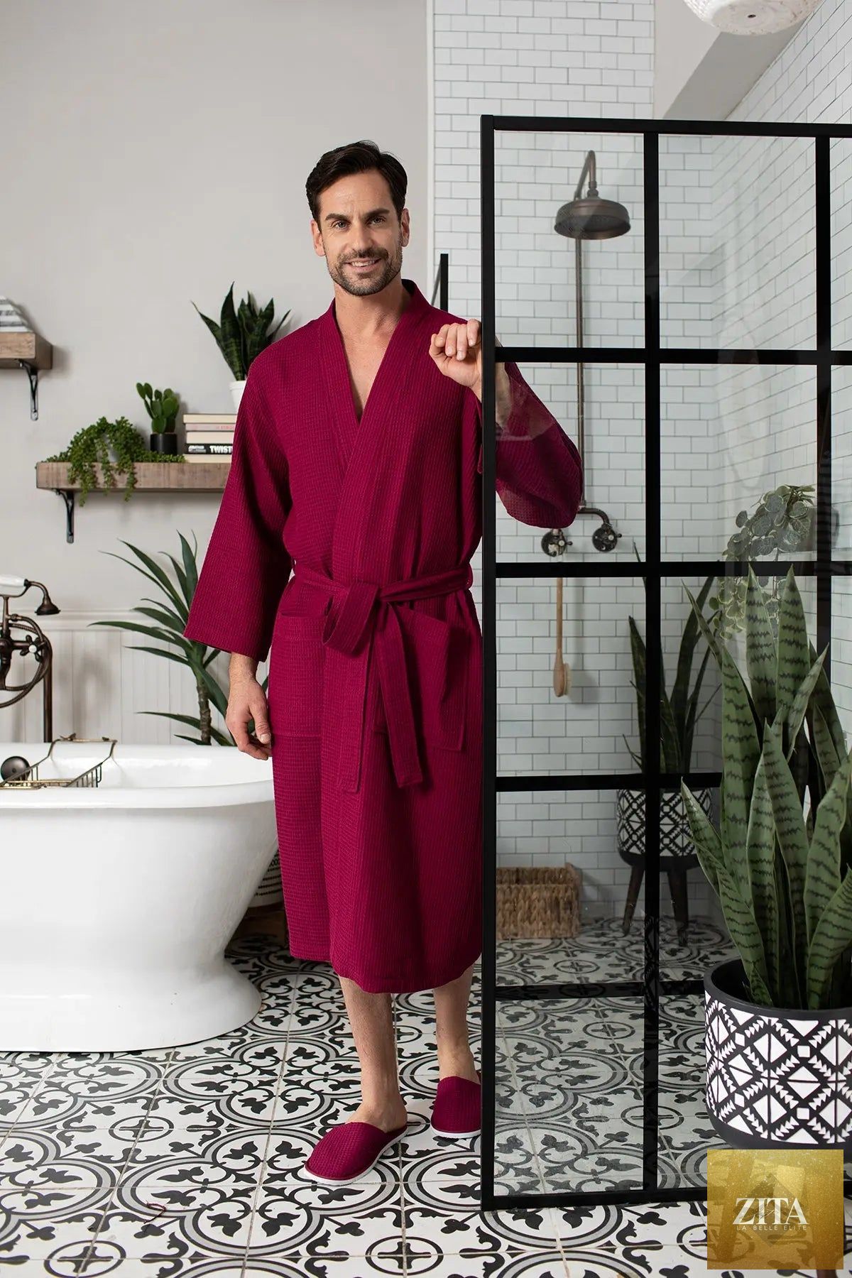 Men's waffle spa bathrobe by Lotus Linen, lightweight and absorbent, shown with matching slippers for a comfortable, relaxing look.