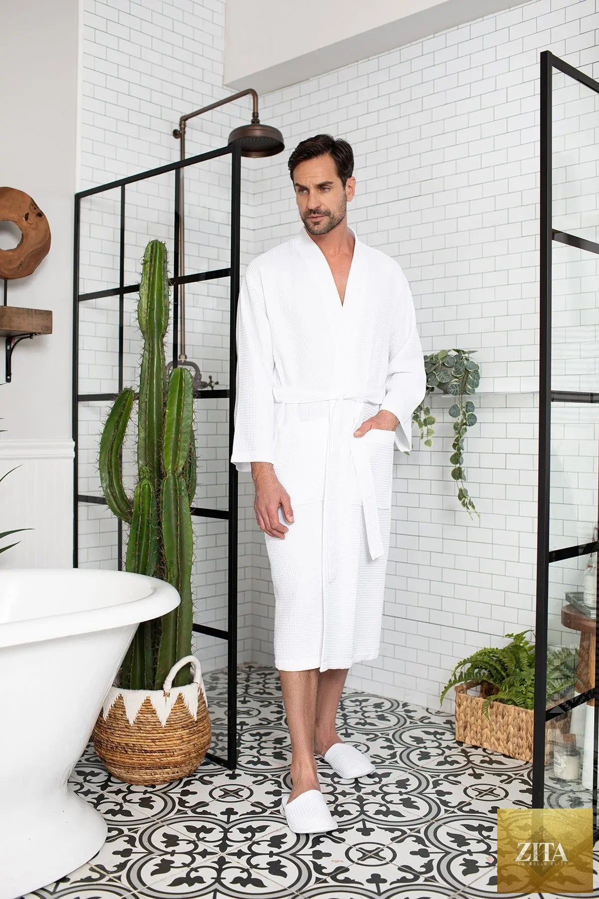 Men's waffle spa bathrobe by Lotus Linen, lightweight and absorbent, shown with a relaxed fit and soft waffle fabric.