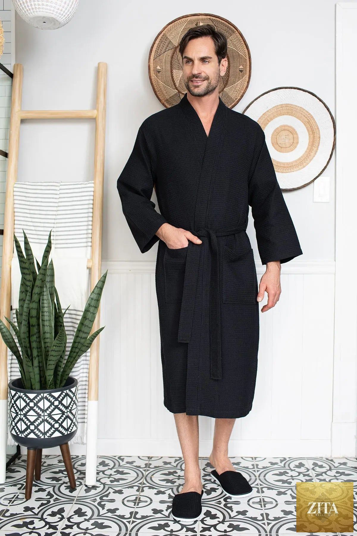 Men's waffle spa bathrobe by Lotus Linen, lightweight and absorbent, shown hanging open with a relaxed fit and soft texture.