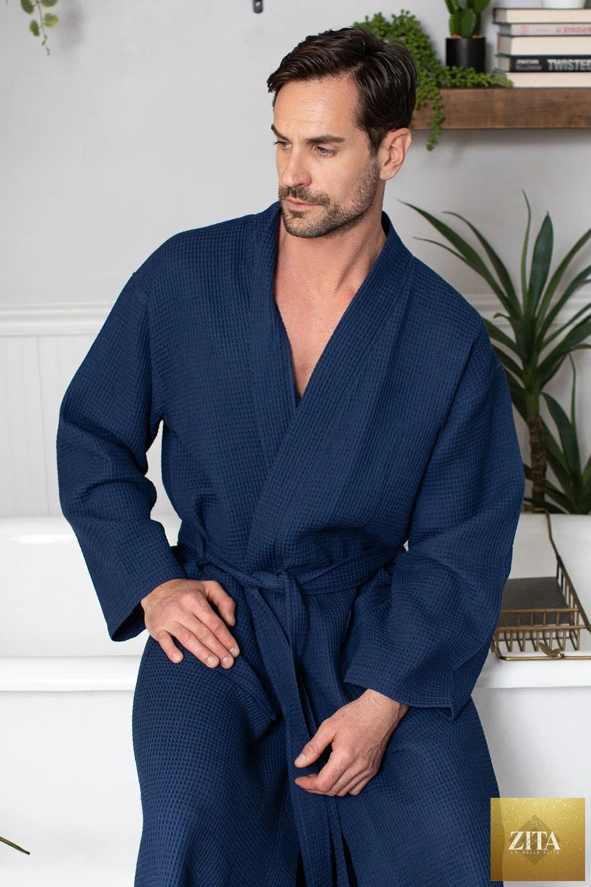 Men's Lotus Linen waffle spa bathrobe, lightweight and absorbent, shown hanging with a relaxed fit and textured fabric.