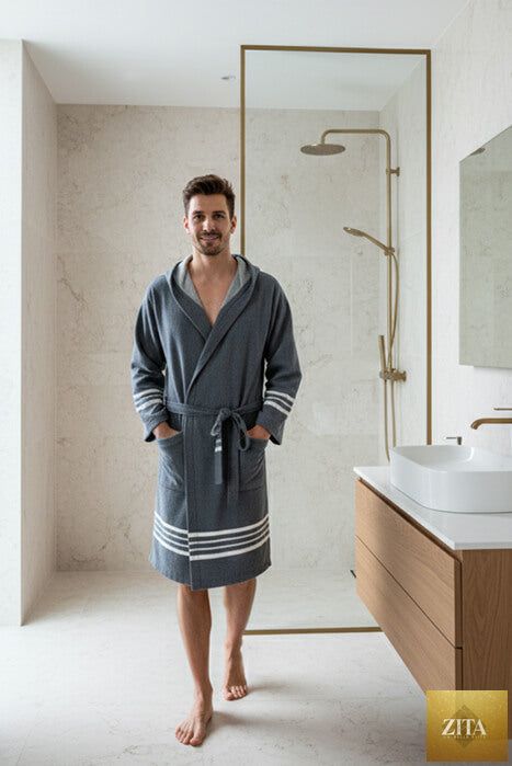 Men wearing a navy Turkish cotton short bathrobe with hood, lightweight Turkish towel robe by Zita La Belle Elite.
