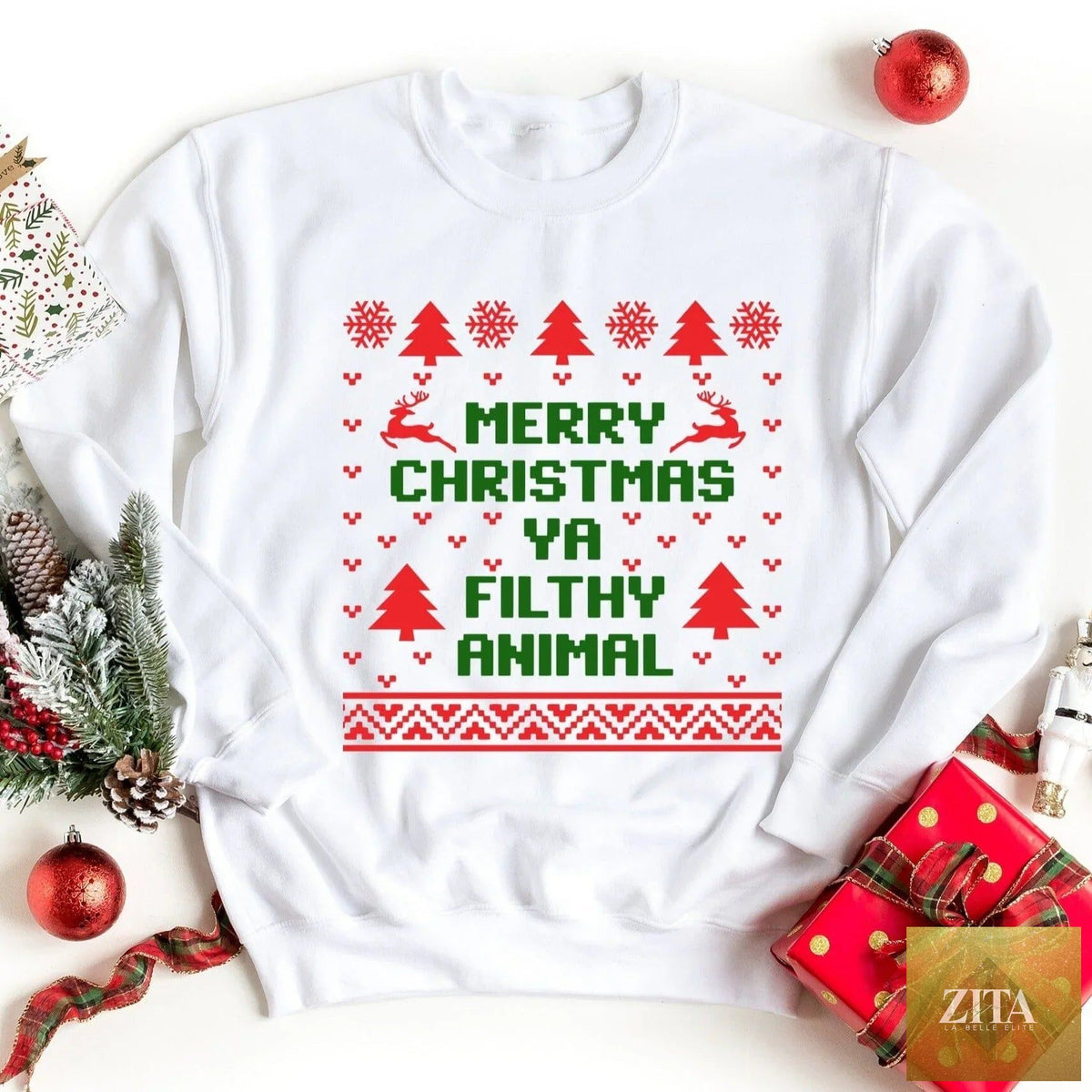 Colorful Merry Christmas Ya Filthy Animal sweatshirt by Adorb Custom Tees, featuring festive holiday design and comfortable fabric.