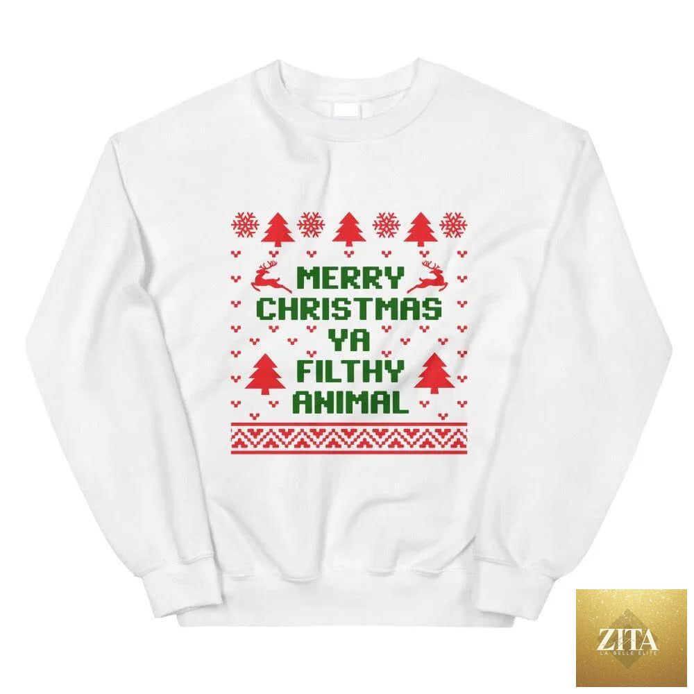 Colorful Merry Christmas Ya Filthy Animal sweatshirt by Adorb Custom Tees, featuring festive holiday design and comfortable fabric.