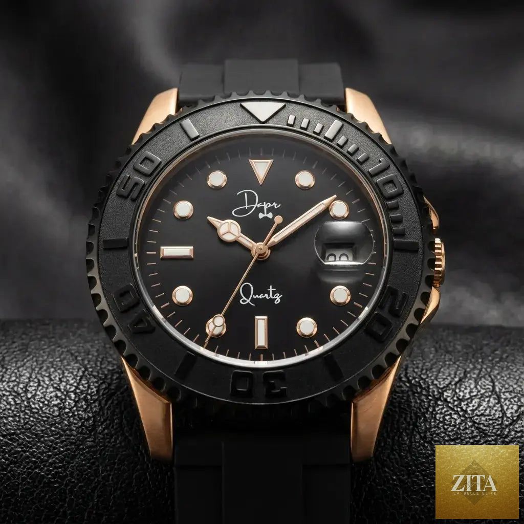Dapper Watches minimalist men's quartz watch with black dial and rose gold case, showcasing a sleek, modern design.