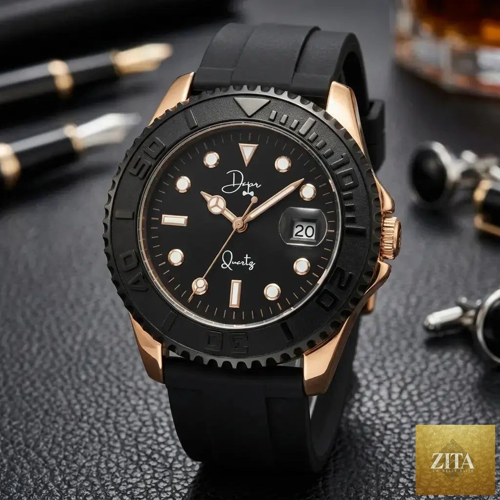 Dapper Watches Minimalist Quartz Watch with black dial and rose gold case, showcasing sleek design and minimalist style.