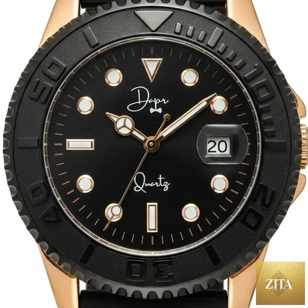 Dapper Watches minimalist men's quartz watch with black dial and rose gold case, sleek and elegant for modern style.