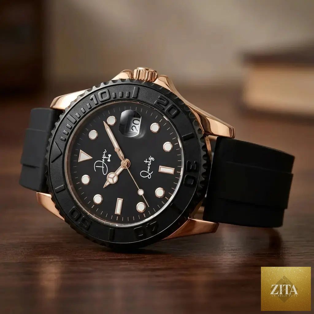 Dapper Watches minimalist men's quartz watch with a black dial and rose gold case, sleek and elegant for a modern look.
