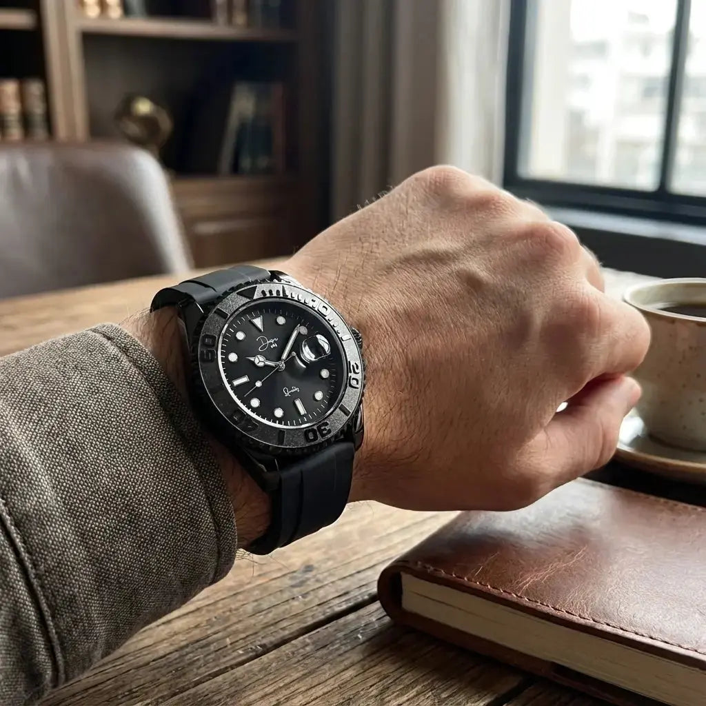Dapper Watches Minimalist Quartz Watch, The Dark Night Black Edition, with black ceramic dial and sleek white accents.