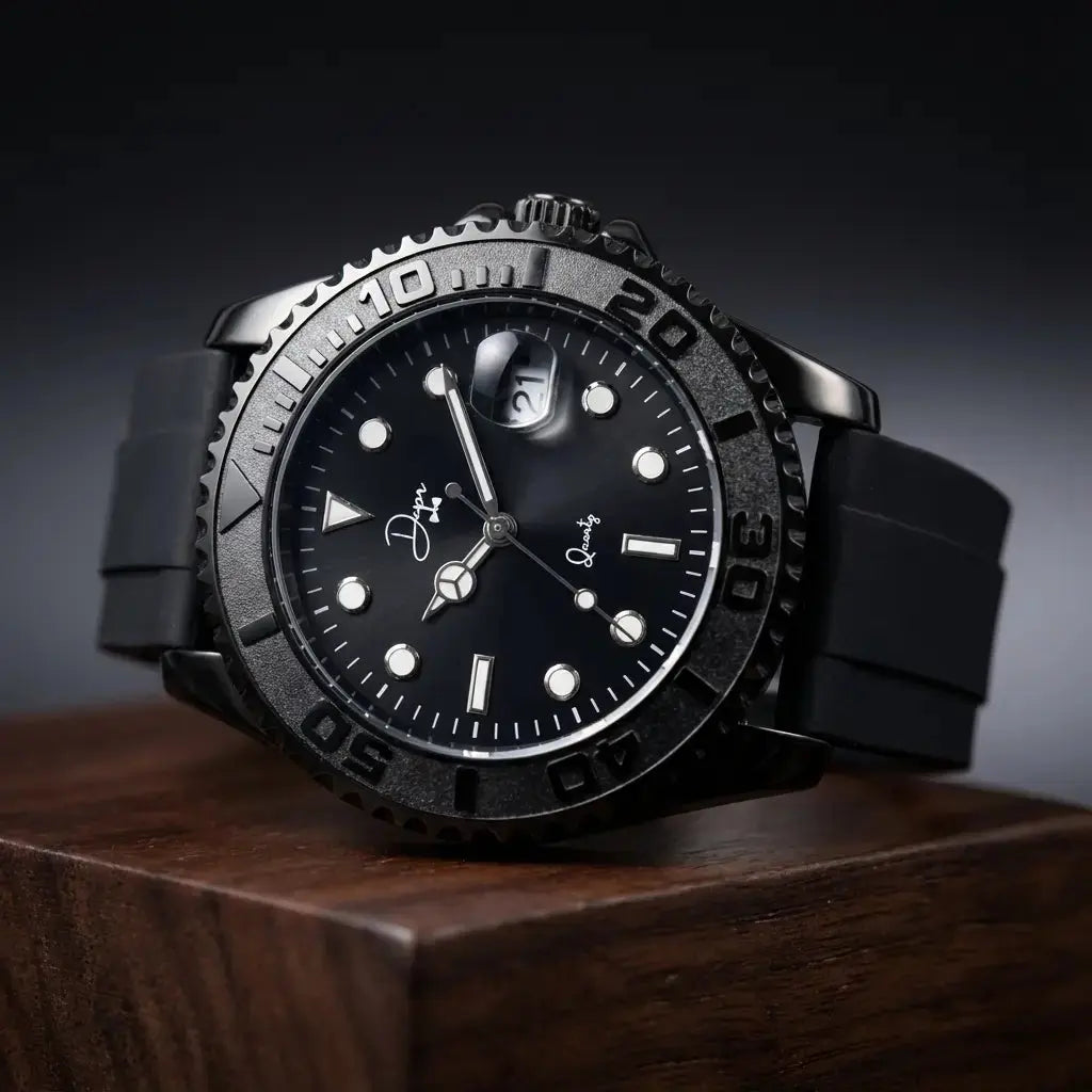 Dapper Watches Minimalist Quartz Watch in Dark Night Black Edition with ceramic matte finish and sleek design.