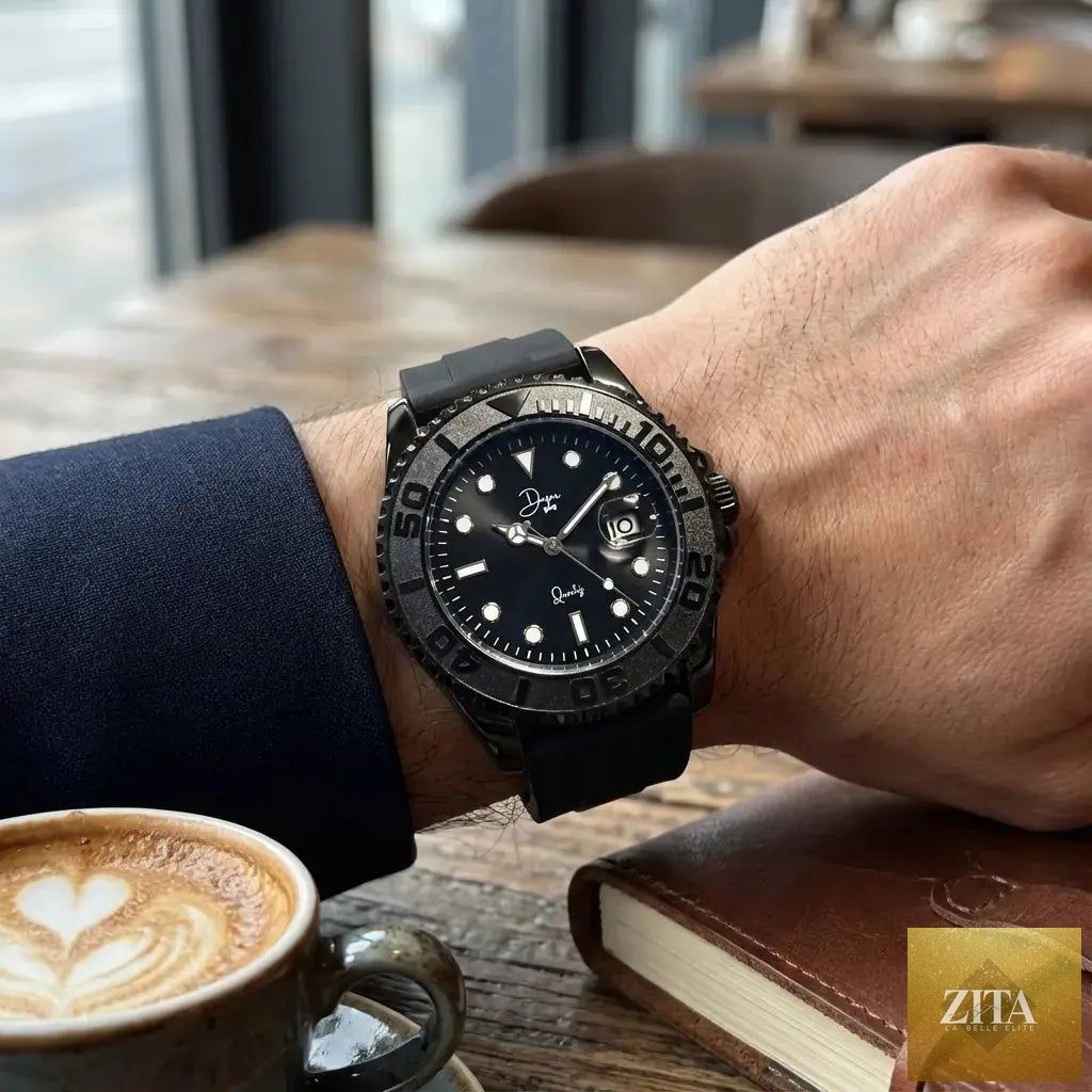 Dapper Watches Minimalist Quartz Watch in Dark Night Black Edition with ceramic case and rubber strap on a white background.