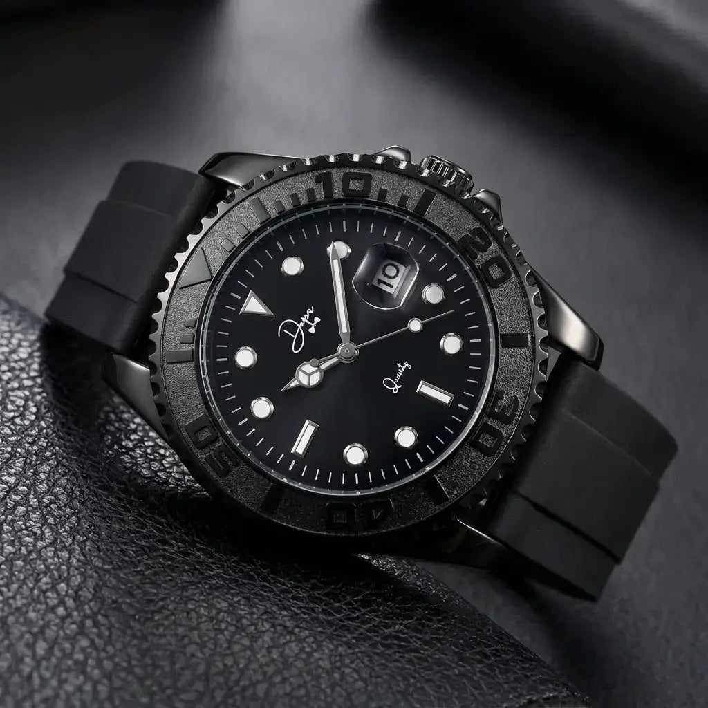 Dapper Watches Minimalist Quartz Watch in Black Night Black Edition with ceramic case and rubber strap, sleek and modern design