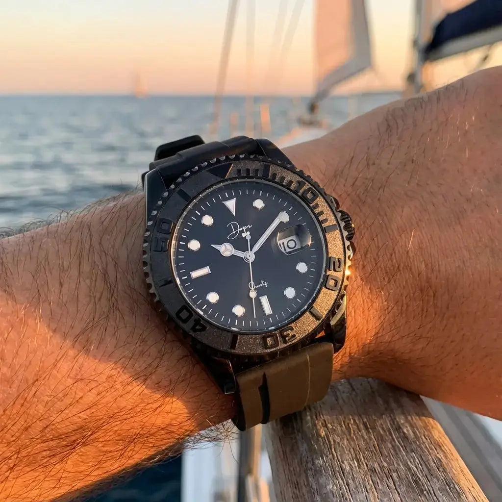 Dapper Watches Minimalist Quartz Watch in Black Night Black Edition with textured bezel and sleek black dial.