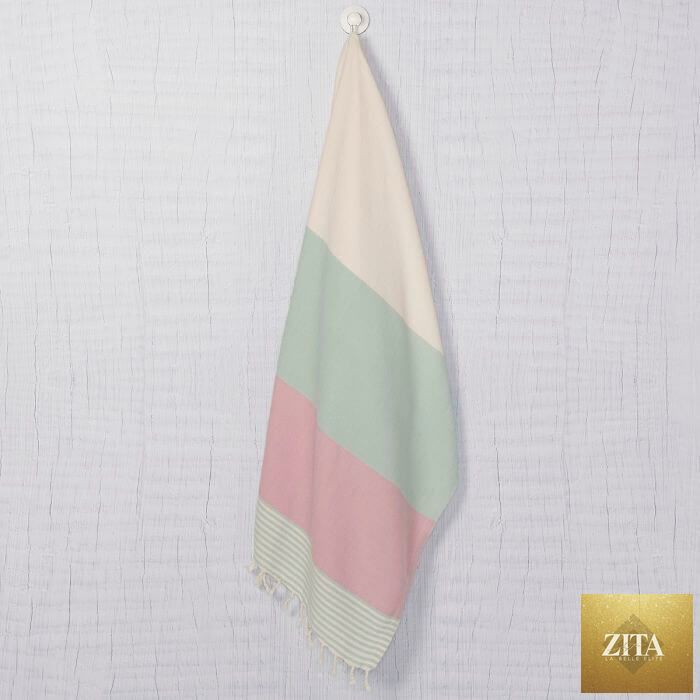 Multicolor Turkish towel bundle by Zita La Belle Elite, featuring mint and rose-colored Turkish towels with vibrant woven patterns.