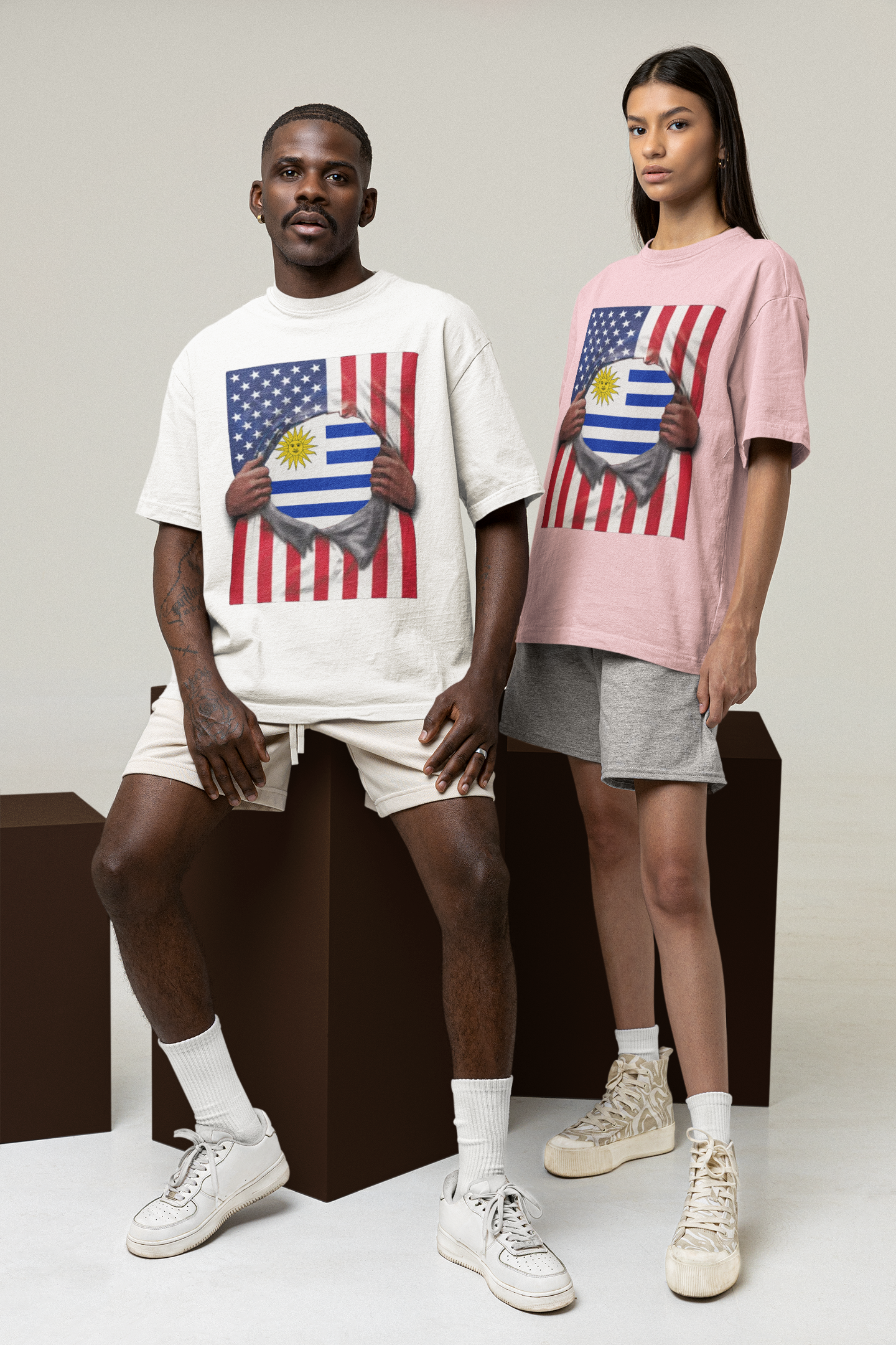 Uruguay Flag + USA Flag Pride T-shirt | Uruguayan + American Flag Rip 4th Of July | Funny Latino Tees | Heavyweight Cotton