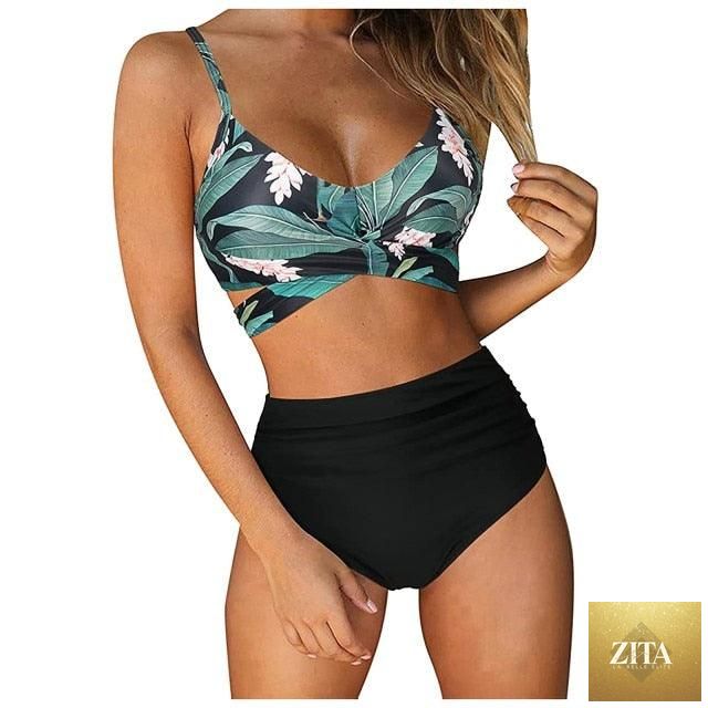 Stevvex modern floral bikini set for women, high-waist string bikini with flower print and crisscross design, perfect for summer swimming.