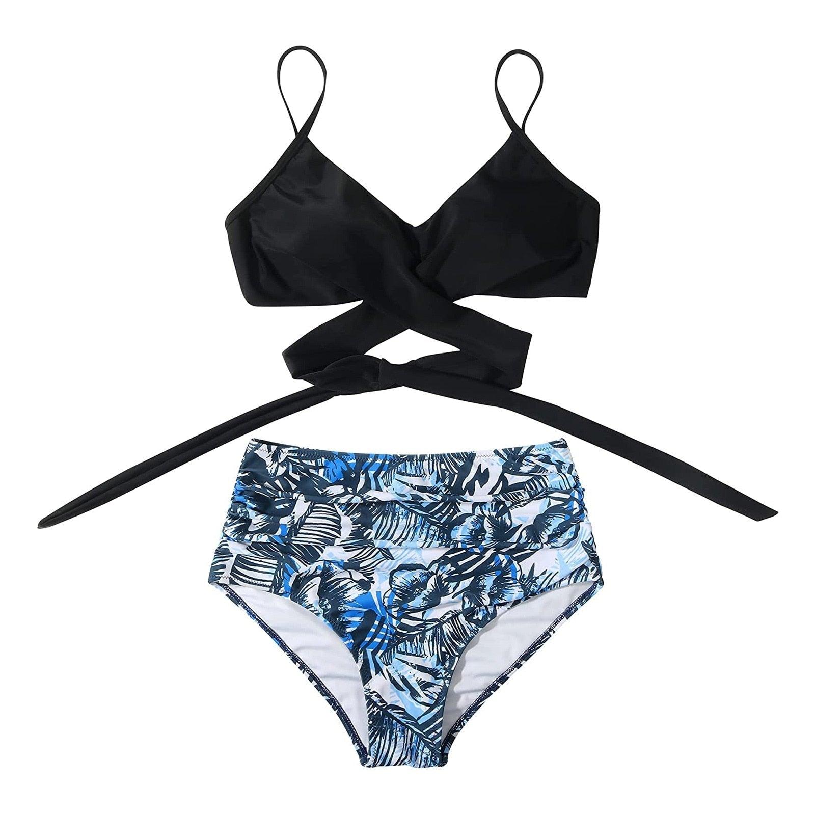 Stevvex modern floral bikini set for women, high-waist string bottoms, crisscross design, flower print, summer swimwear