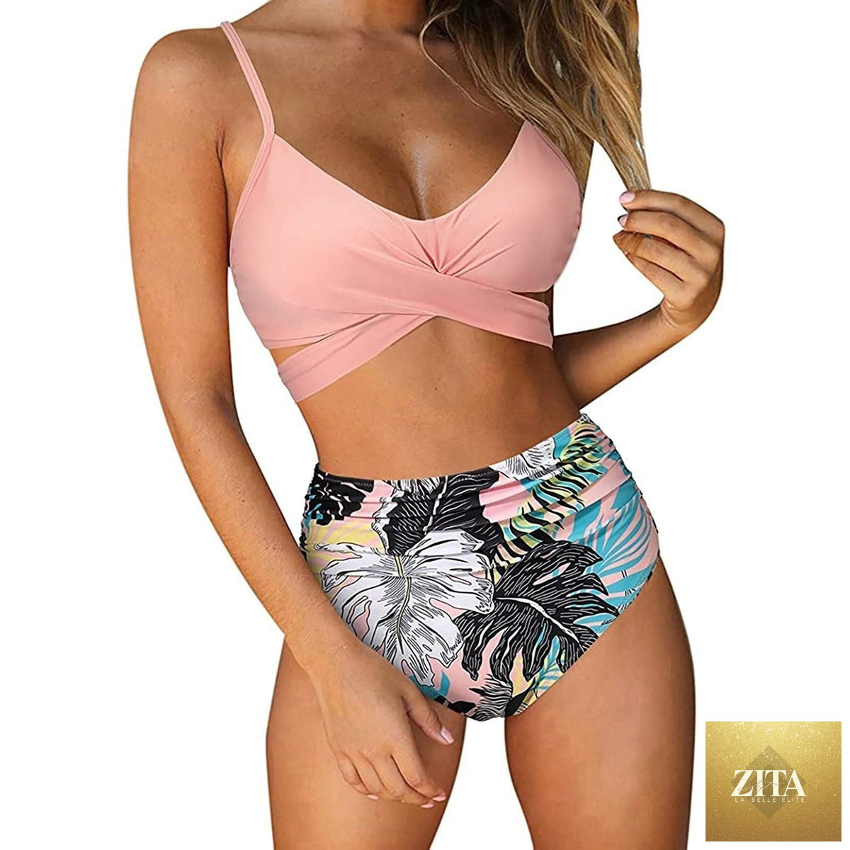 Stevvex floral print bikini set for women, high waist, crisscross design, two-piece swimsuit with shorts and string ties, summer beach wear