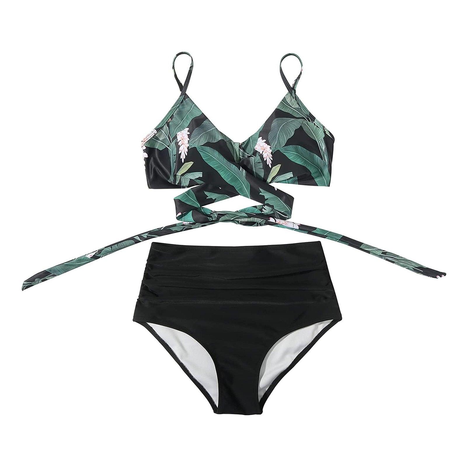 Stevvex floral bikini set with high waist, crisscross design, string ties, and floral print, ideal for summer beachwear.