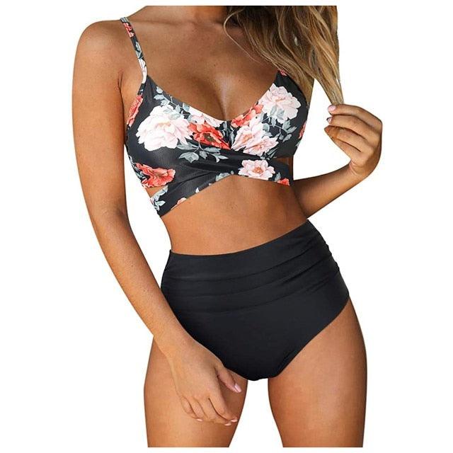 Stevvex floral bikini set for women, high waist, crisscross top, string ties, summer 2-piece swimsuit with floral print