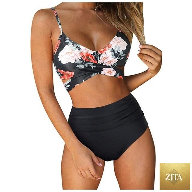 Stevvex floral bikini set for women, high waist, crisscross top, string ties, summer 2-piece swimsuit with floral print