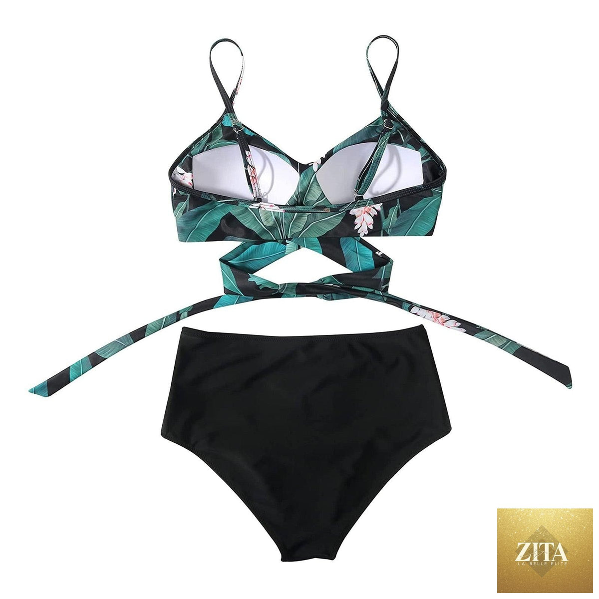 Stevvex modern floral two-piece bikini set with high waist, crisscross top, string details, and floral pattern for women’s summer swimwear.
