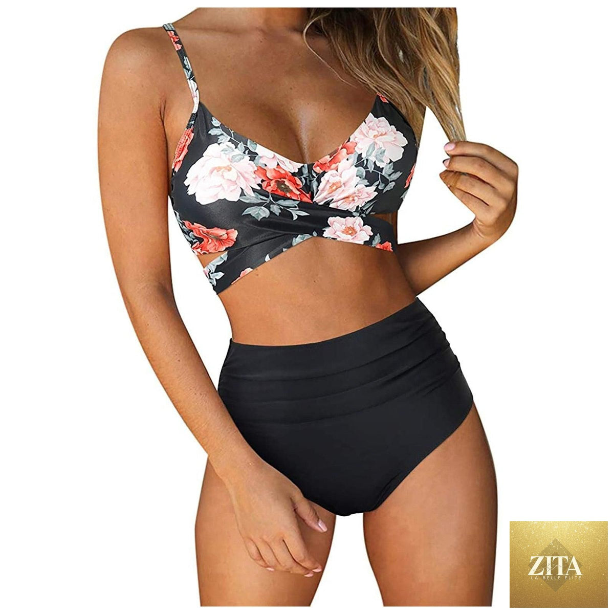 Stevvex floral bikini set for women, high waist, crisscross design, string ties, and floral print for summer swimming and beachwear.