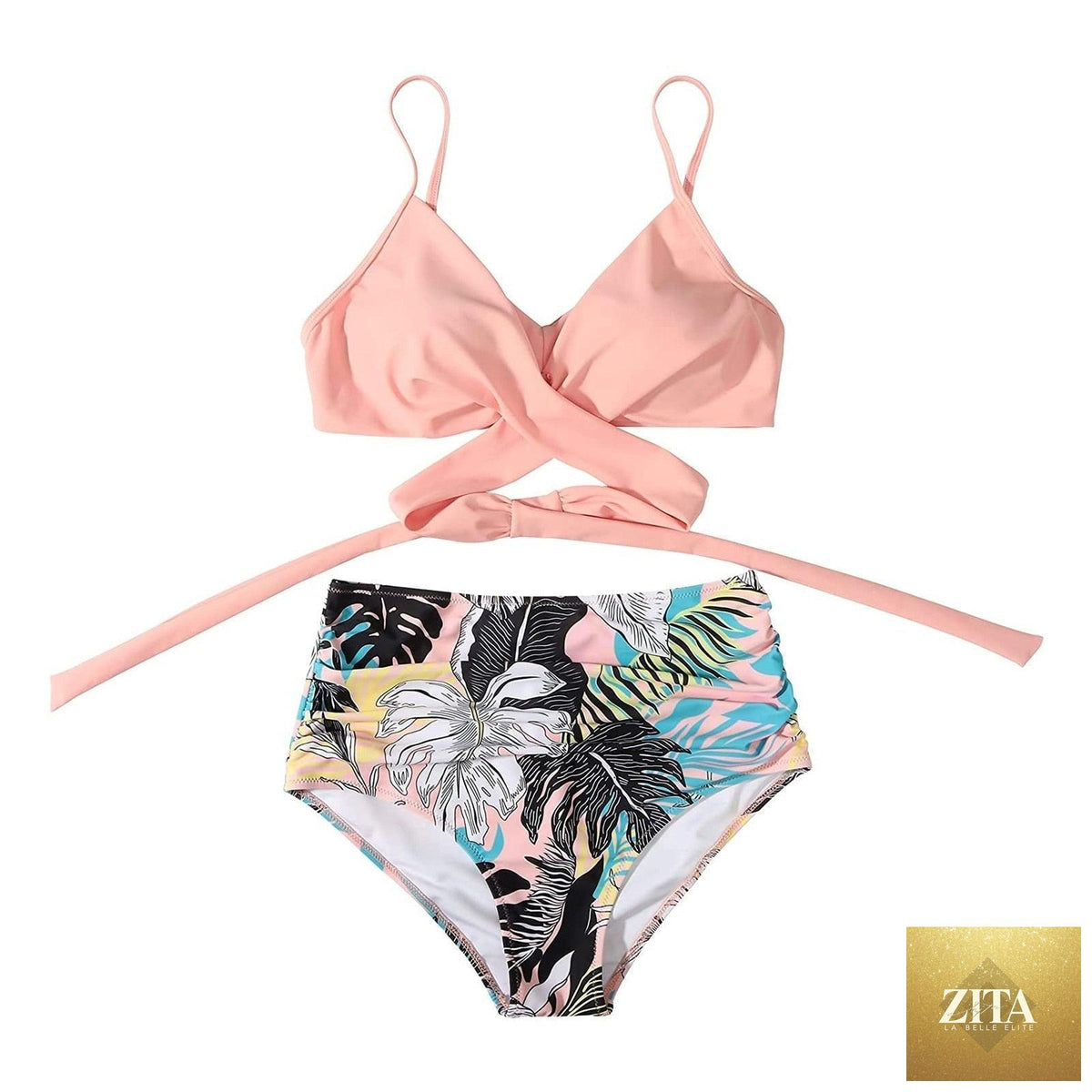 Stevvex floral 2-piece bikini set with high waist, crisscross top, string sides, and floral print for summer swimwear fashion.