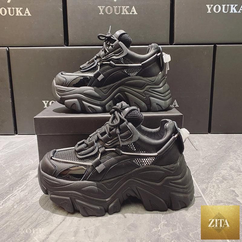 White Stevvex modern thick platform sneakers for women, lace-up vulcanized tennis shoes with lightweight, comfortable walking design.