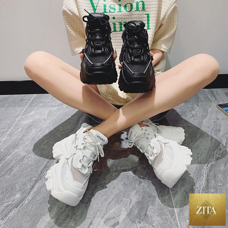 White Stevvex thick platform sneakers for women featuring a vulcanized design, lace-up style, lightweight and comfortable walking shoes.