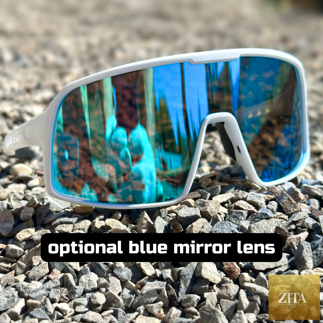 Eastern Outer Mojave sunglasses with photochromic lenses, featuring white frames and optional blue lenses, shown in the image.