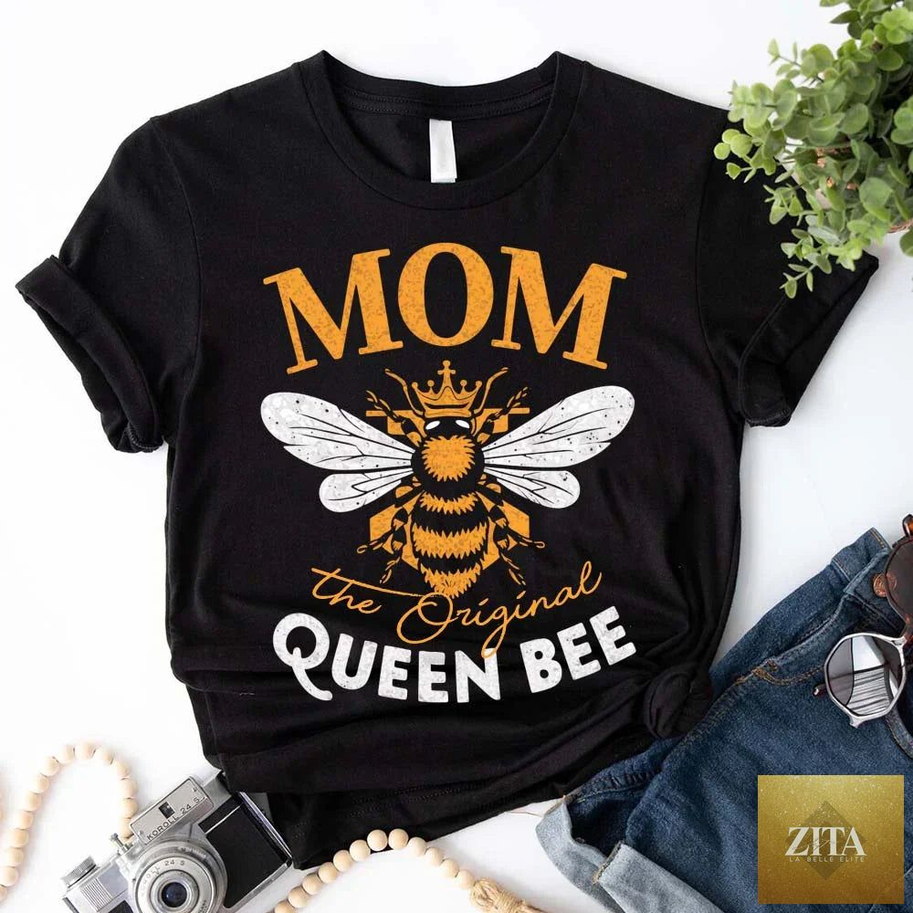 Adorb Custom Tees Mom The Original Queen Bee T-shirt featuring a fun, stylish design for Mother's Day celebration.