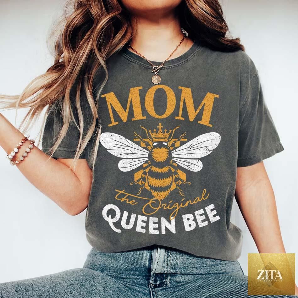Adorb Custom Tees Mom Queen Bee T-shirt featuring fun, stylish design for Mother's Day, with a vibrant bee graphic and playful text.