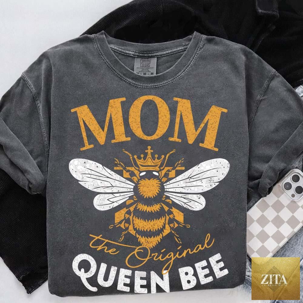 Adorb Custom Tees Mom The Original Queen Bee T-shirt featuring a fun, stylish design for Mother's Day celebration.