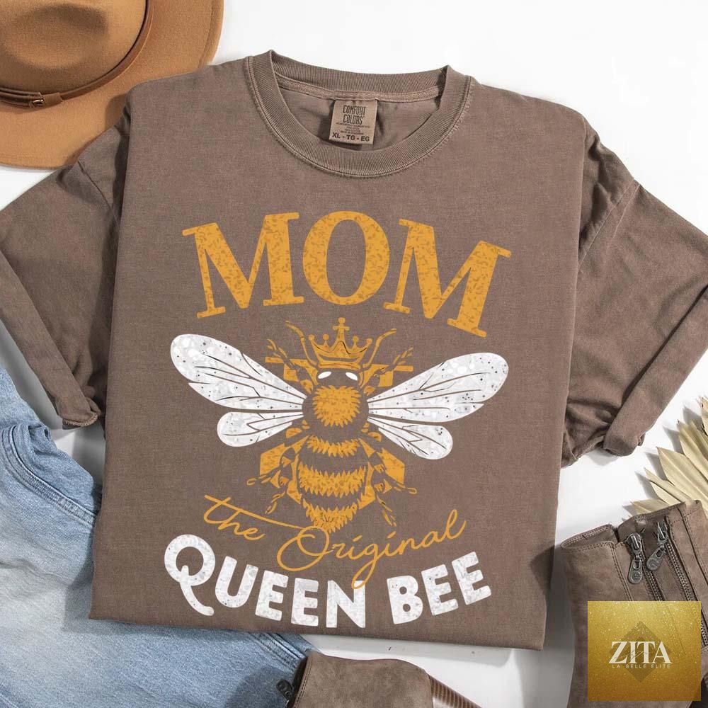 Adorb Custom Tees Mom "The Original Queen Bee" T-shirt featuring a stylish and fun design for Mother's Day.