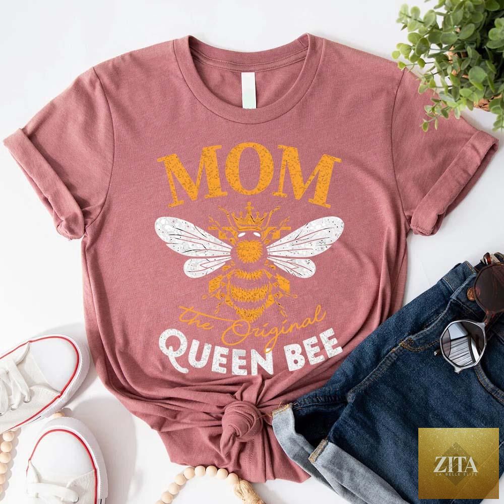 Adorb Custom Tees Mom The Original Queen Bee T-shirt featuring stylish fun design for Mother's Day celebration.