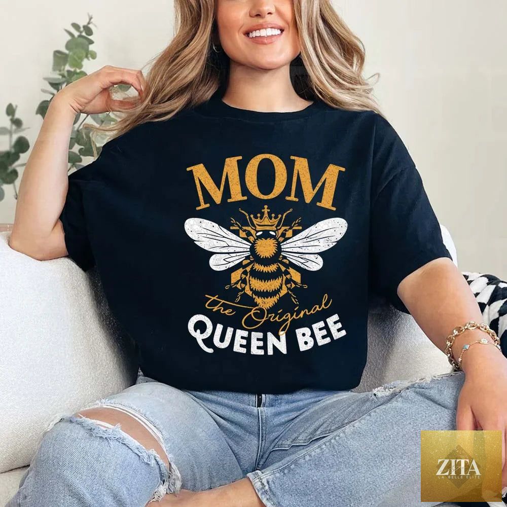 Black T-shirt by Adorb Custom Tees featuring "Mom, The Original Queen Bee" design, perfect for Mother's Day celebrations.