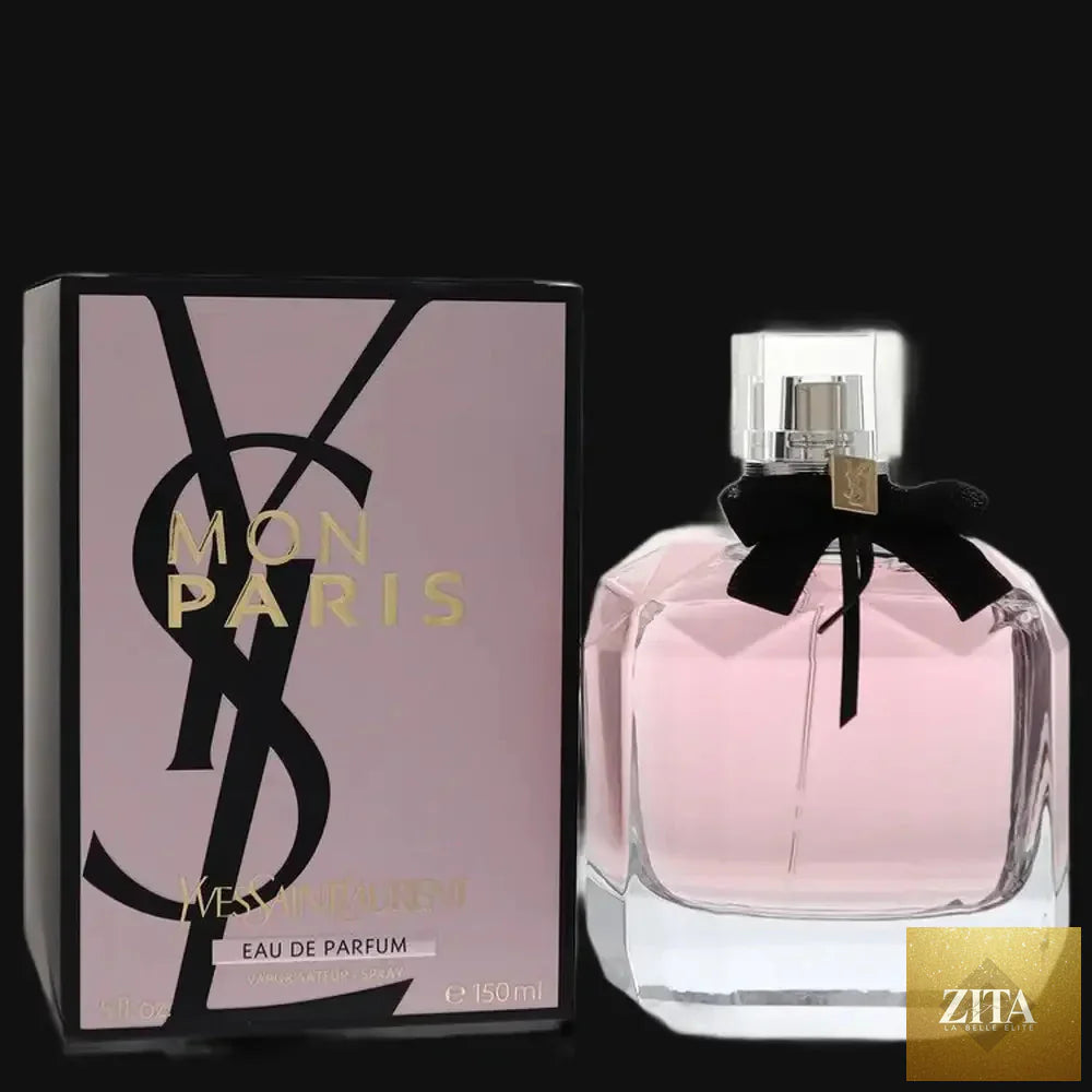 Yves Saint Laurent Mon Paris perfume for women in a 5 oz eau de parfum spray, featuring a sleek glass bottle with a pink cap.