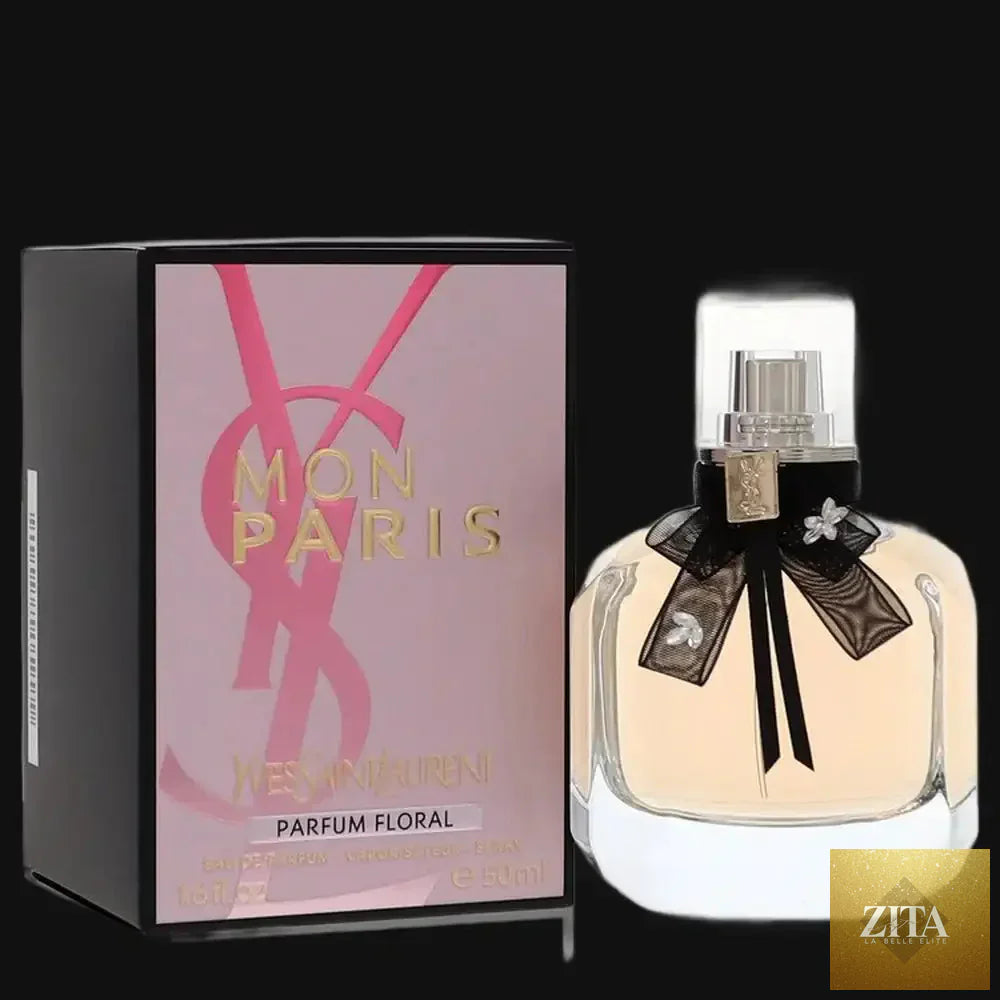 Yves Saint Laurent Mon Paris Floral perfume for women in 1.6 oz eau de parfum spray by Gamer Scents, with floral and elegant packaging.